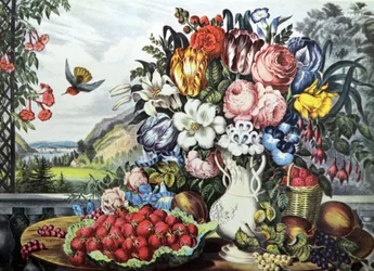Landschaft, Obst und Blumen